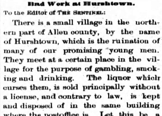 Top of the clipping: Bad Work at Hurshtown, The Fort Wayne News and Sentinel, February 20, 1889