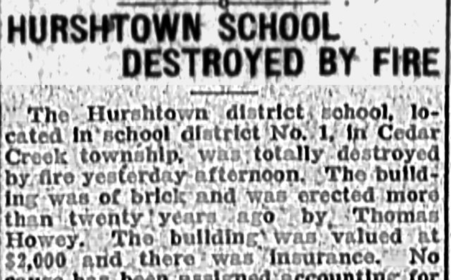 Top of the clipping: Hurshtown School Destroyed by Fire, The Fort Wayne Journal-Gazette, November 25, 1909