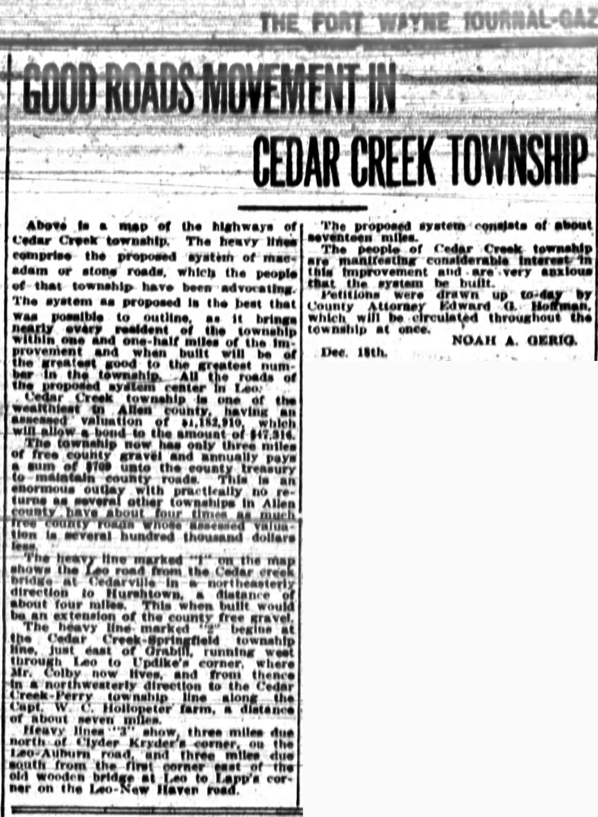 Newspaper clipping: Good Roads Movement in Cedar Creek Township, The Fort Wayne Journal-Gazette, December 19, 1911. Two columns of text describing a proposed system of stone roads centered on Leo.