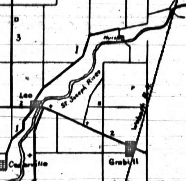 Detail of the 1911 Good Roads map: the proposed stone road marked 1 running northeast from Leo along the St. Joseph River to Hurshtown, labeled at upper right.