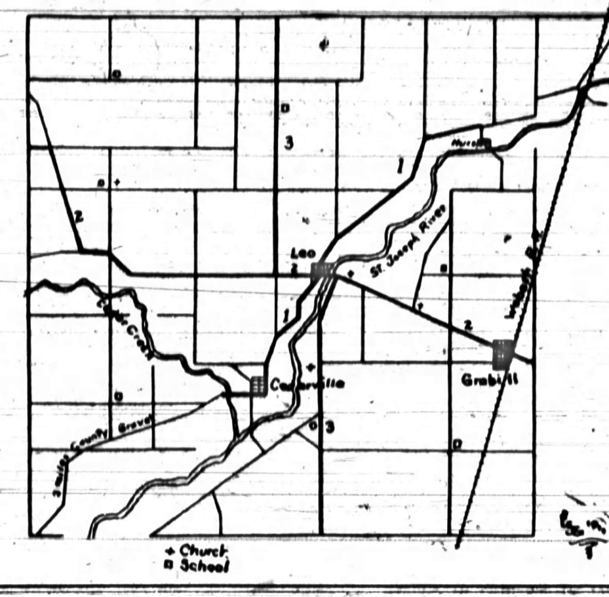 Line map of Cedar Creek Township printed with the article, showing the section-road grid, the St. Joseph River and Cedar Creek, the towns of Leo, Cedarville, Grabill and Hurshtown, and the proposed stone roads drawn as heavy lines numbered 1, 2 and 3.