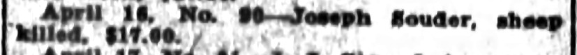 Ledger line: April 16, No. 90, Joseph Souder, sheep killed, $17.00.